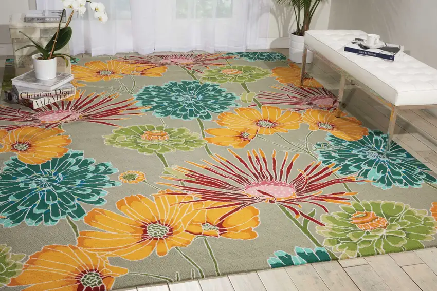 Gray Red and Yellow Floral Hand Carved Handmade Area Rug Photo 3