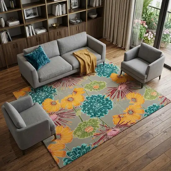 Gray Red and Yellow Floral Hand Carved Handmade Area Rug Photo 1