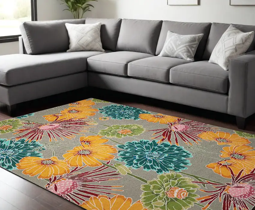 Gray Red and Yellow Floral Hand Carved Handmade Area Rug Photo 1