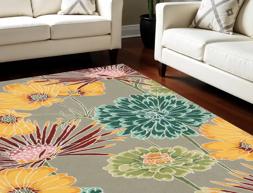 Gray Red and Yellow Floral Hand Carved Handmade Area Rug Photo 1
