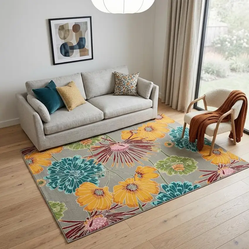 Gray Red and Yellow Floral Hand Carved Handmade Area Rug Photo 1