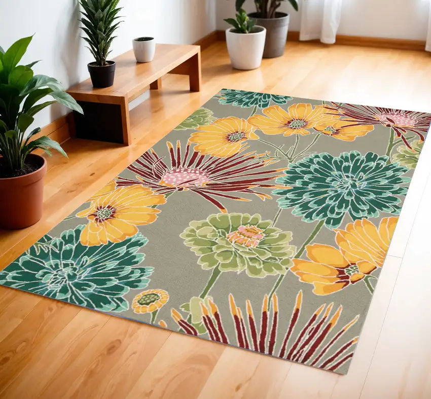 Gray Red and Yellow Floral Hand Carved Handmade Area Rug Photo 1