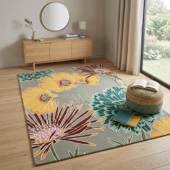 Gray Red and Yellow Floral Hand Carved Handmade Area Rug Photo 1