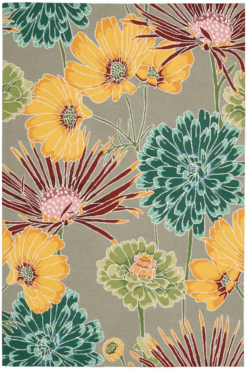 Gray Red and Yellow Floral Hand Carved Handmade Area Rug Photo 2
