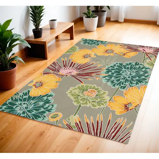 Gray Red and Yellow Floral Hand Carved Handmade Area Rug Photo 3