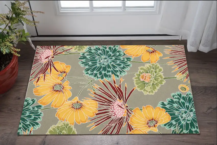Gray Red and Yellow Floral Hand Carved Handmade Area Rug Photo 1