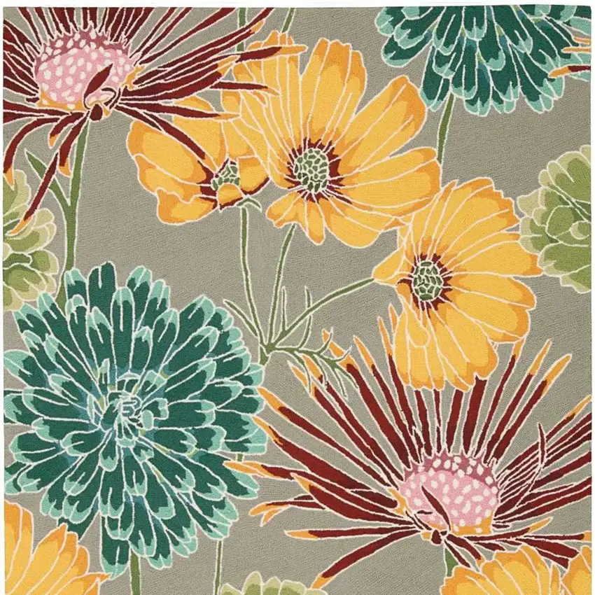 Gray Red and Yellow Floral Hand Carved Handmade Area Rug Photo 3