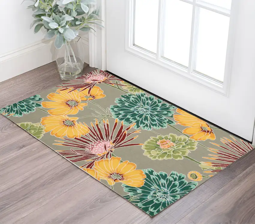 Gray Red and Yellow Floral Hand Carved Handmade Area Rug Photo 1