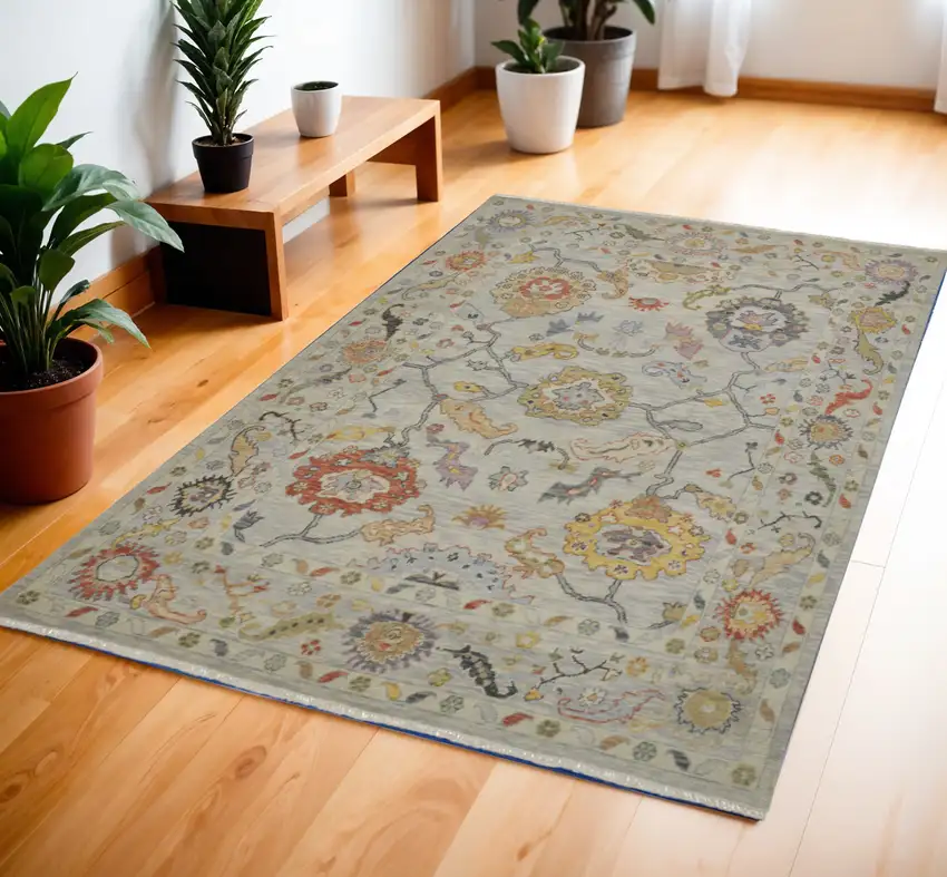 Gray Red and Yellow Wool Oriental Hand Knotted Area Rug With Fringe Photo 1
