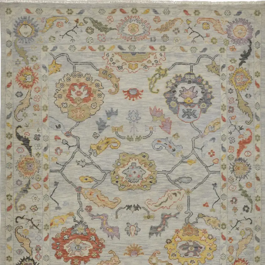 Gray Red and Yellow Wool Oriental Hand Knotted Area Rug With Fringe Photo 9
