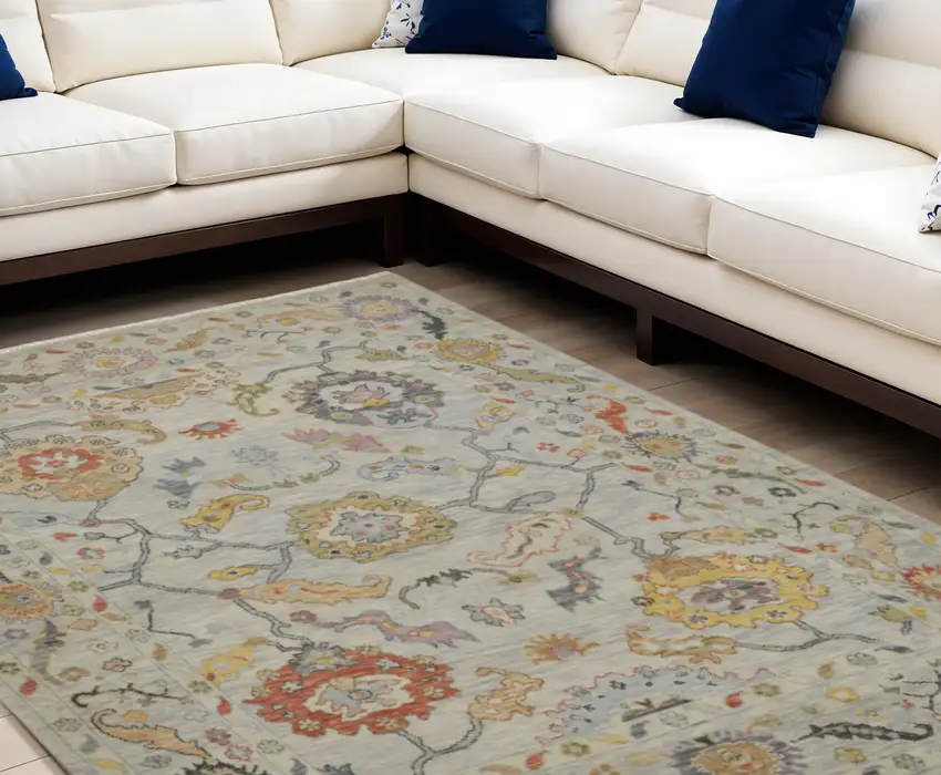 Gray Red and Yellow Wool Oriental Hand Knotted Area Rug With Fringe Photo 1