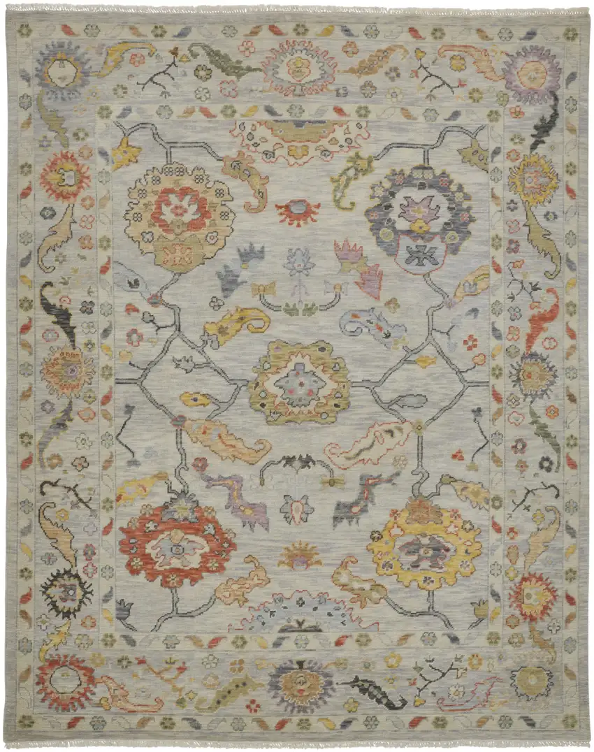 Gray Red and Yellow Wool Oriental Hand Knotted Area Rug With Fringe Photo 2