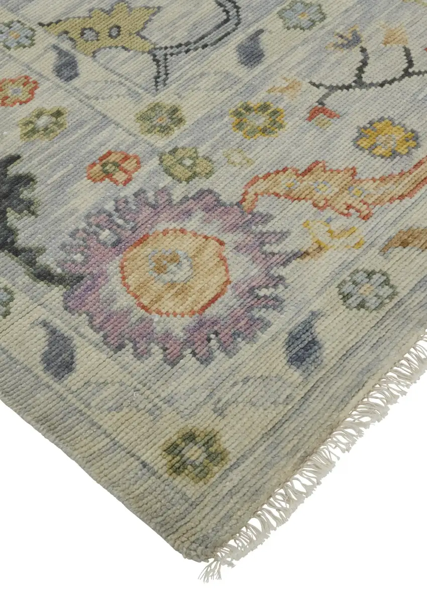 Gray Red and Yellow Wool Oriental Hand Knotted Area Rug With Fringe Photo 6