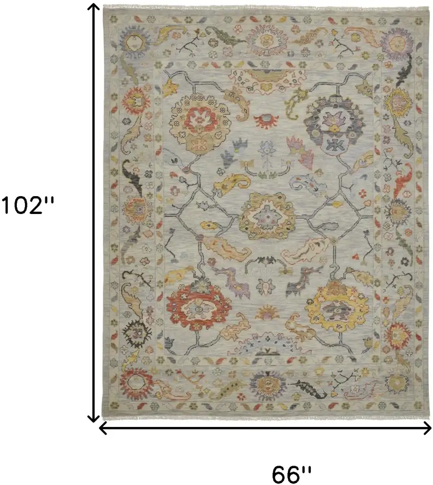 Gray Red and Yellow Wool Oriental Hand Knotted Area Rug With Fringe Photo 3