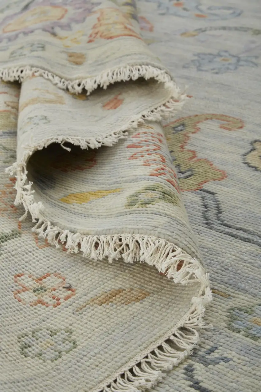 Gray Red and Yellow Wool Oriental Hand Knotted Area Rug With Fringe Photo 9