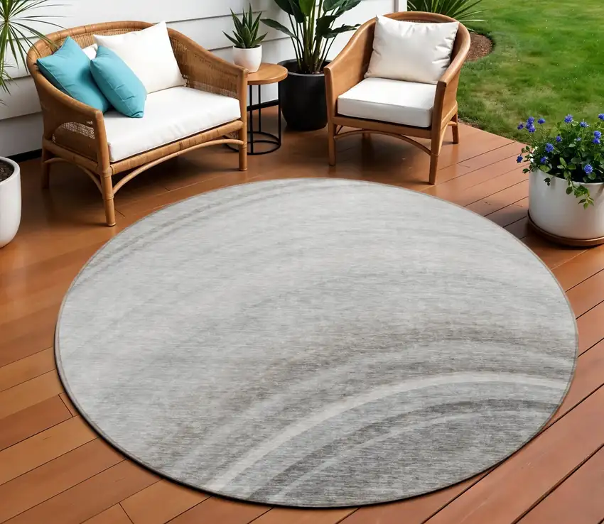 Gray Round Abstract Washable Non Skid Indoor Outdoor Area Rug Photo 1