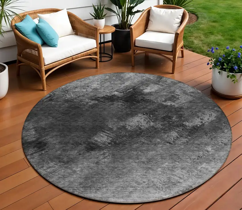Gray Round Abstract Washable Non Skid Indoor Outdoor Area Rug Photo 1