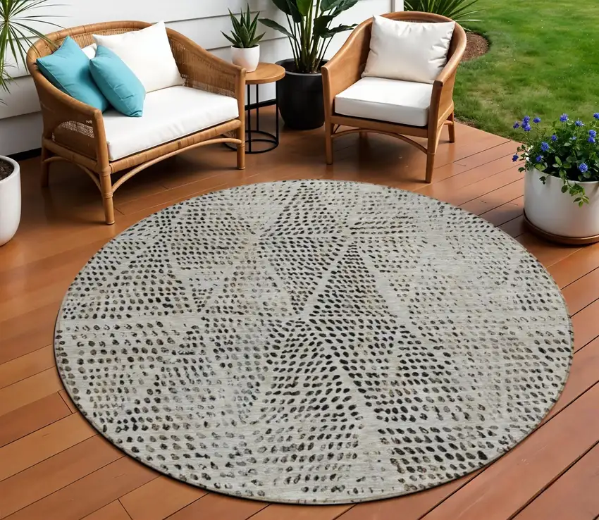 Gray Round Geometric Washable Non Skid Indoor Outdoor Area Rug Photo 1