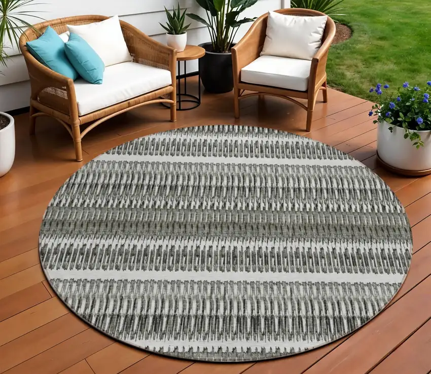 Gray Round Striped Washable Non Skid Indoor Outdoor Area Rug Photo 1