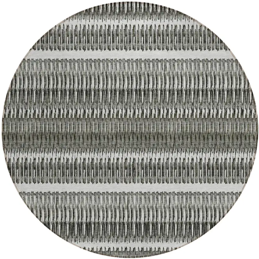 8' Gray Charcoal And Ivory Round Striped Washable Indoor Outdoor Area Rug Photo 2