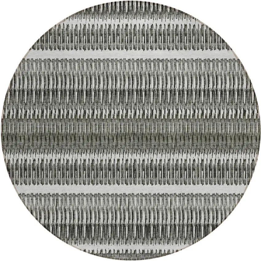 8' Gray Charcoal And Ivory Round Striped Washable Indoor Outdoor Area Rug Photo 2