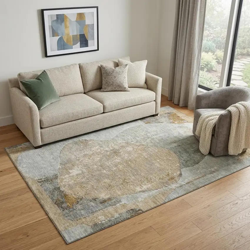 Gray Rust And Beige Abstract Washable Area Rug With UV Protection Photo 1