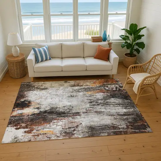 Gray Rust And Ivory Abstract Washable Area Rug With UV Protection Photo 1