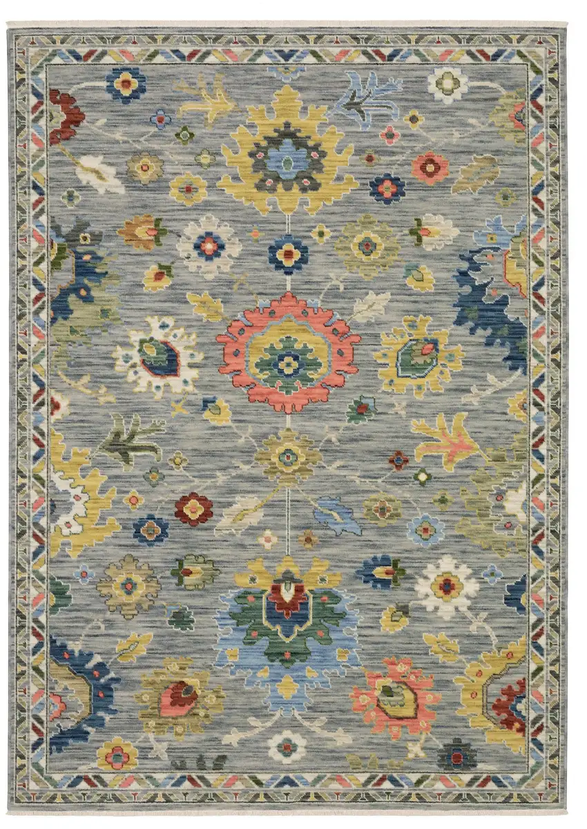 Gray Salmon And Yellow Oriental Area Rug With Fringe Photo 7
