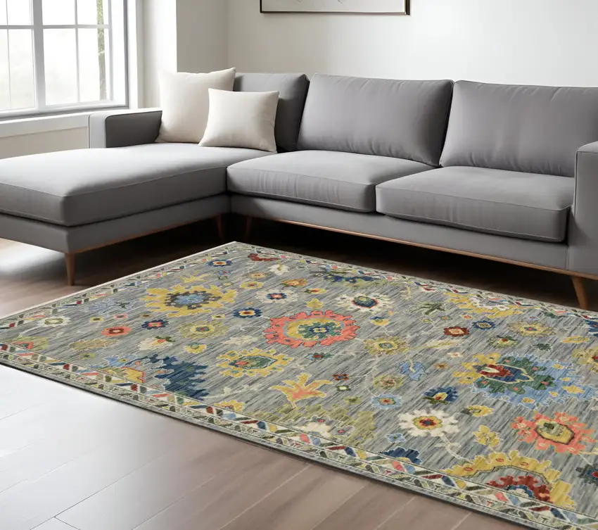 Gray Salmon And Yellow Oriental Area Rug With Fringe Photo 1