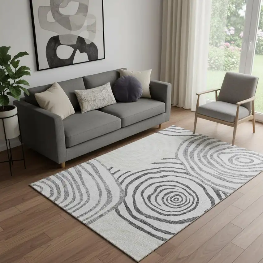Gray Silver And Beige Abstract Washable Area Rug With UV Protection Photo 1