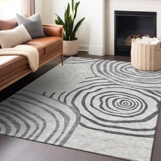 Gray Silver And Beige Abstract Washable Area Rug With UV Protection Photo 6