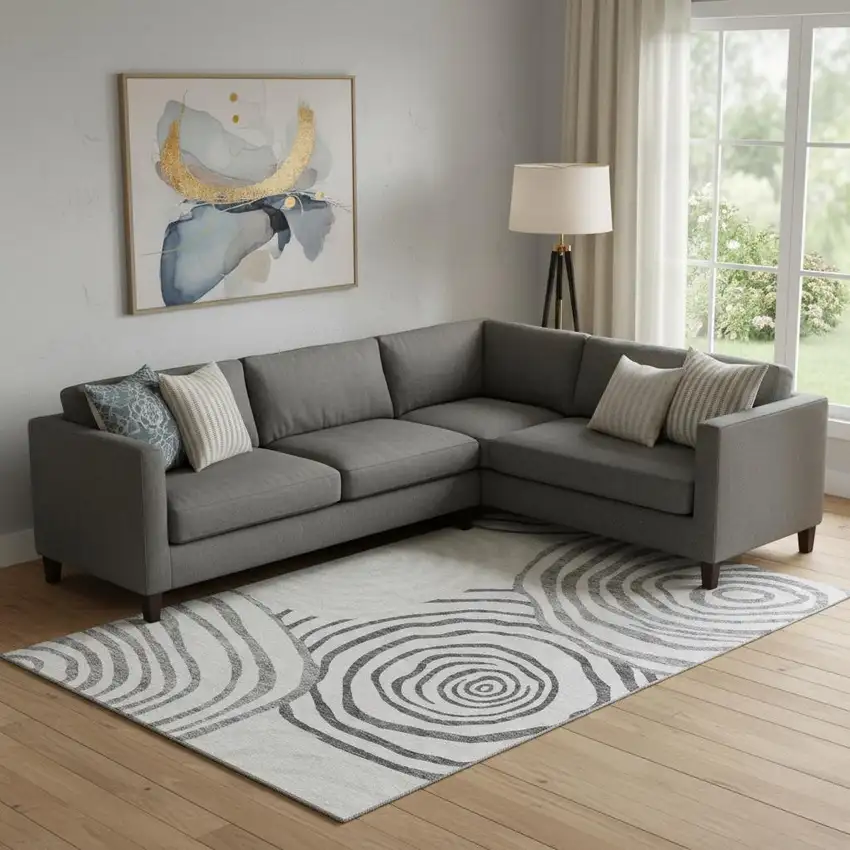 Gray Silver And Beige Abstract Washable Area Rug With UV Protection Photo 1