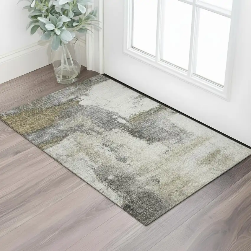 Gray Silver And Beige Abstract Washable Area Rug With UV Protection Photo 2