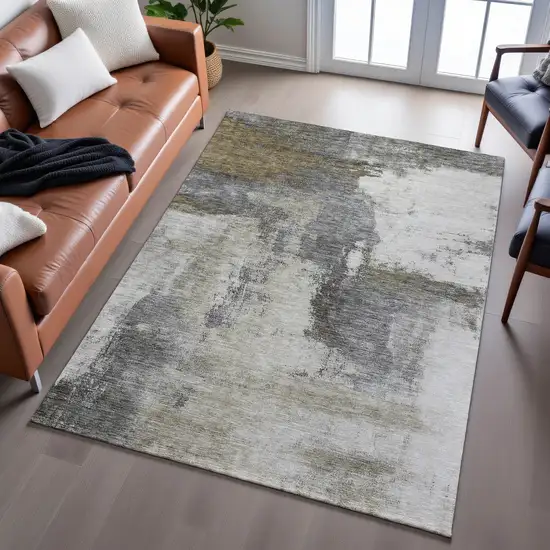 Gray Silver And Beige Abstract Washable Area Rug With UV Protection Photo 6