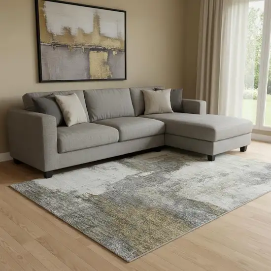 Gray Silver And Beige Abstract Washable Area Rug With UV Protection Photo 2