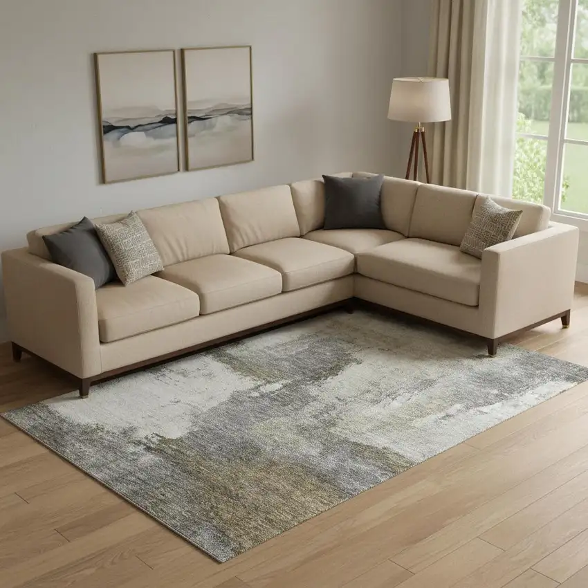 Gray Silver And Beige Abstract Washable Area Rug With UV Protection Photo 2