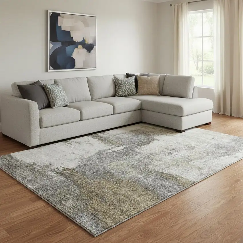 Gray Silver And Beige Abstract Washable Area Rug With UV Protection Photo 2