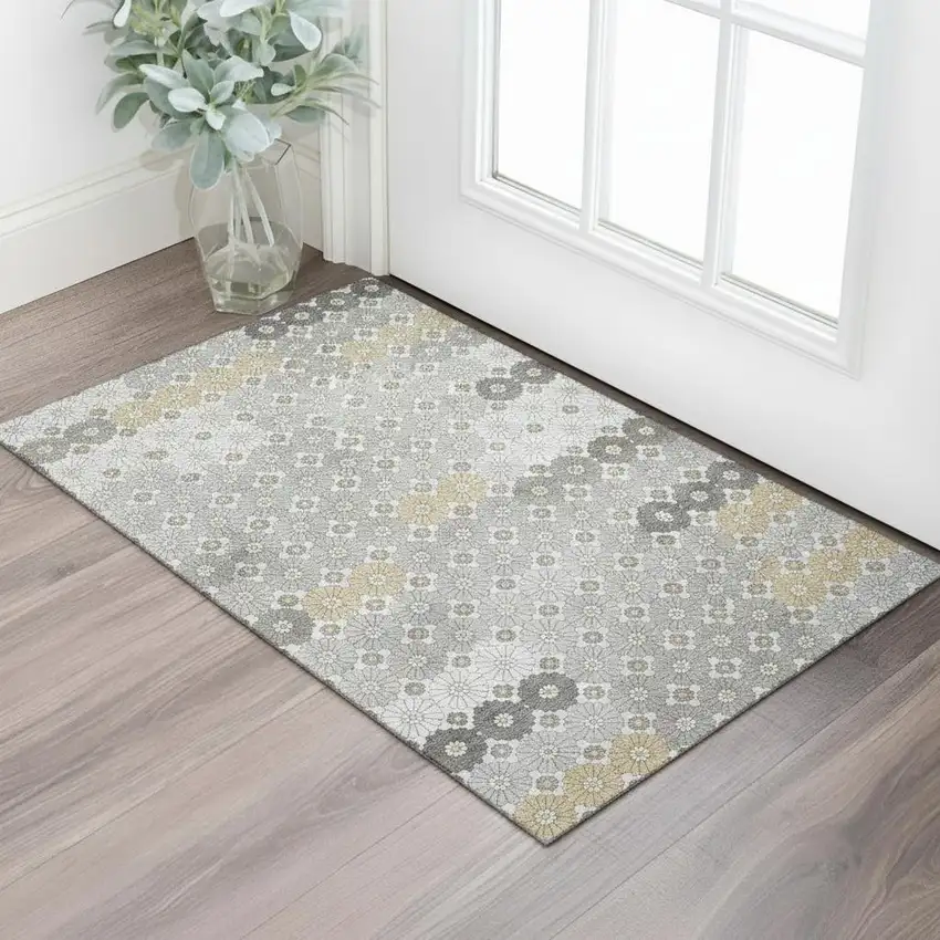 Gray Silver And Beige Geometric Washable Area Rug With UV Protection Photo 2