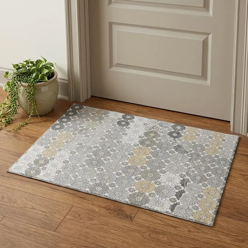 Gray Silver And Beige Geometric Washable Area Rug With UV Protection Photo 1