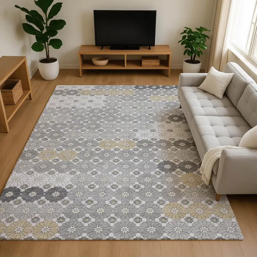Gray Silver And Beige Geometric Washable Area Rug With UV Protection Photo 4