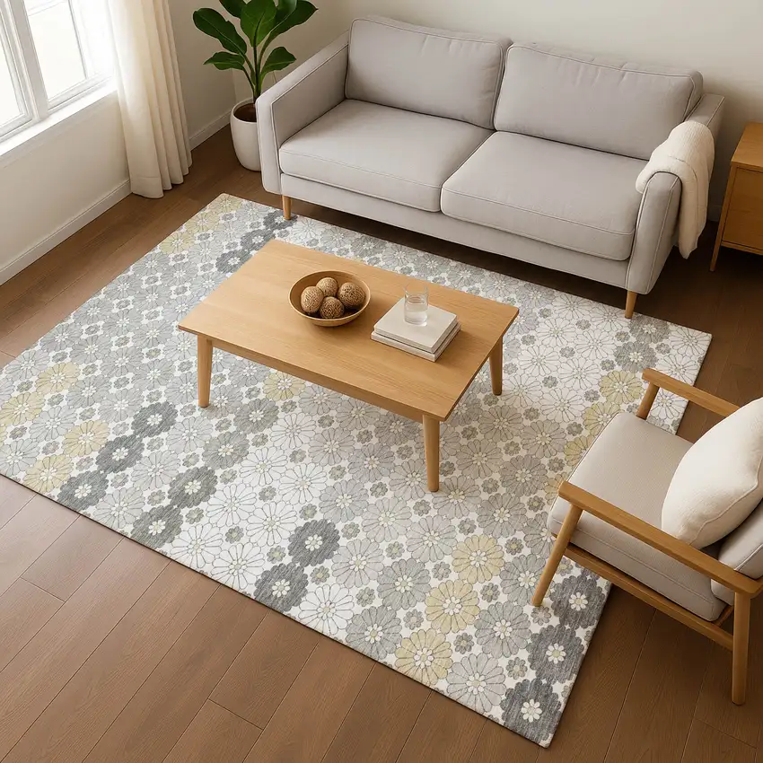 Gray Silver And Beige Geometric Washable Area Rug With UV Protection Photo 5