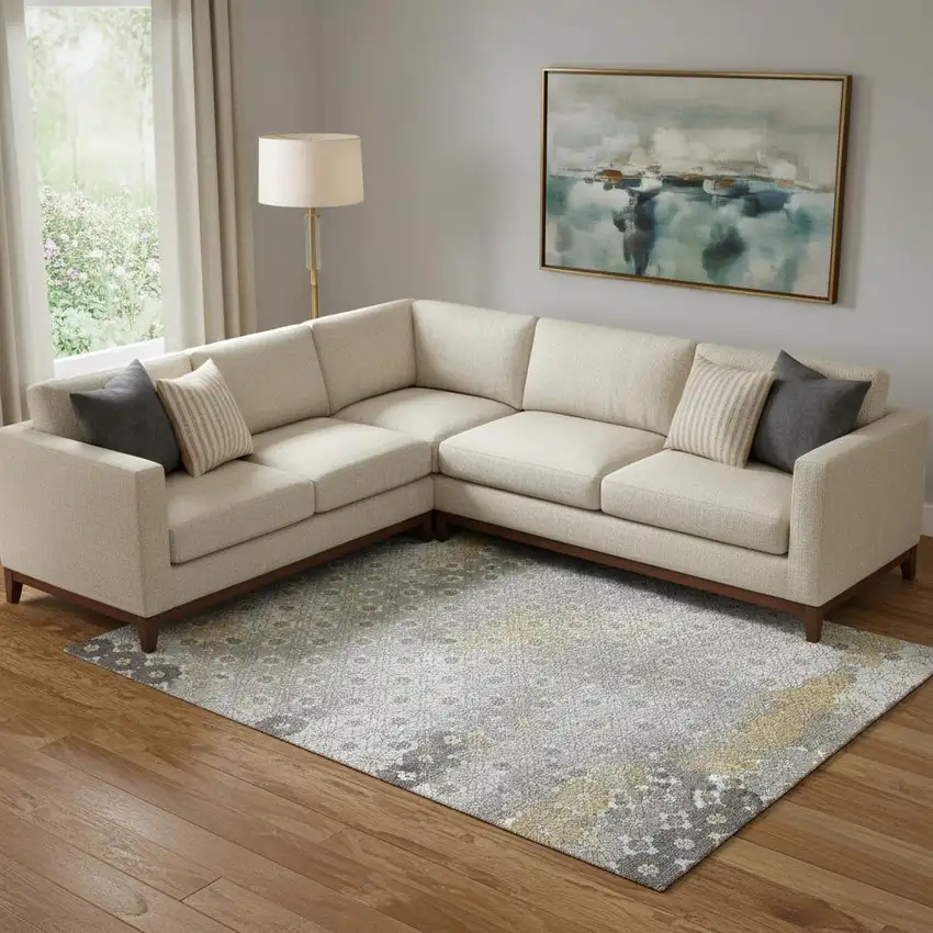 Gray Silver And Beige Geometric Washable Area Rug With UV Protection Photo 2