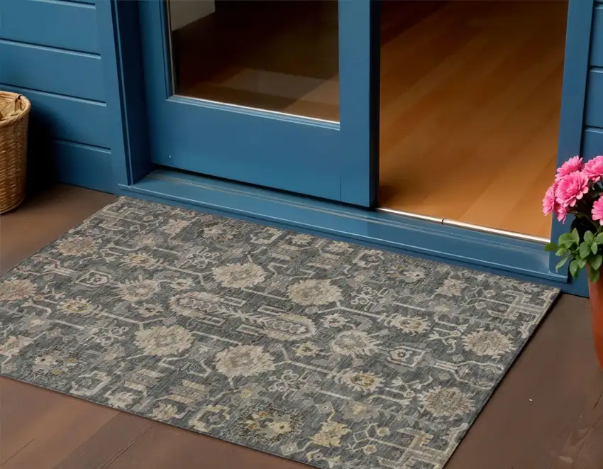 Gray Silver And Beige Oriental Washable Indoor Outdoor Area Rug Photo 1