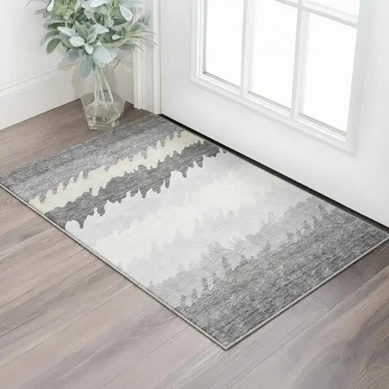 Gray Silver And Beige Striped Washable Area Rug With UV Protection Photo 2