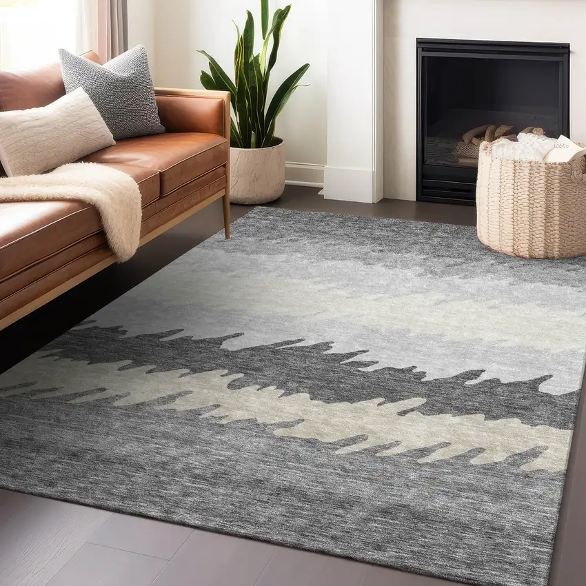 Gray Silver And Beige Striped Washable Area Rug With UV Protection Photo 5