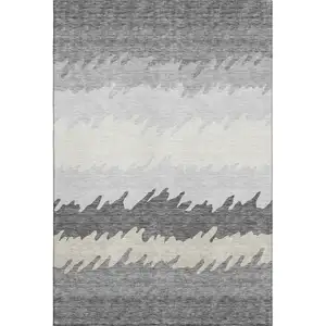 Photo of Gray Silver And Beige Striped Washable Area Rug With UV Protection