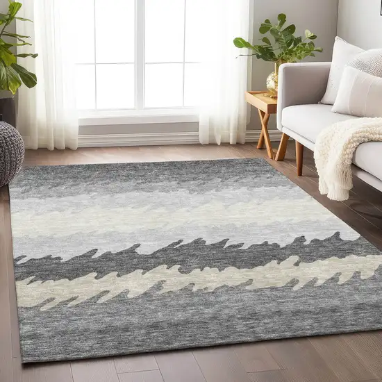 Gray Silver And Beige Striped Washable Area Rug With UV Protection Photo 5