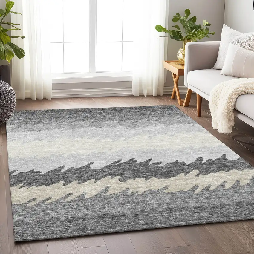 Gray Silver And Beige Striped Washable Area Rug With UV Protection Photo 5