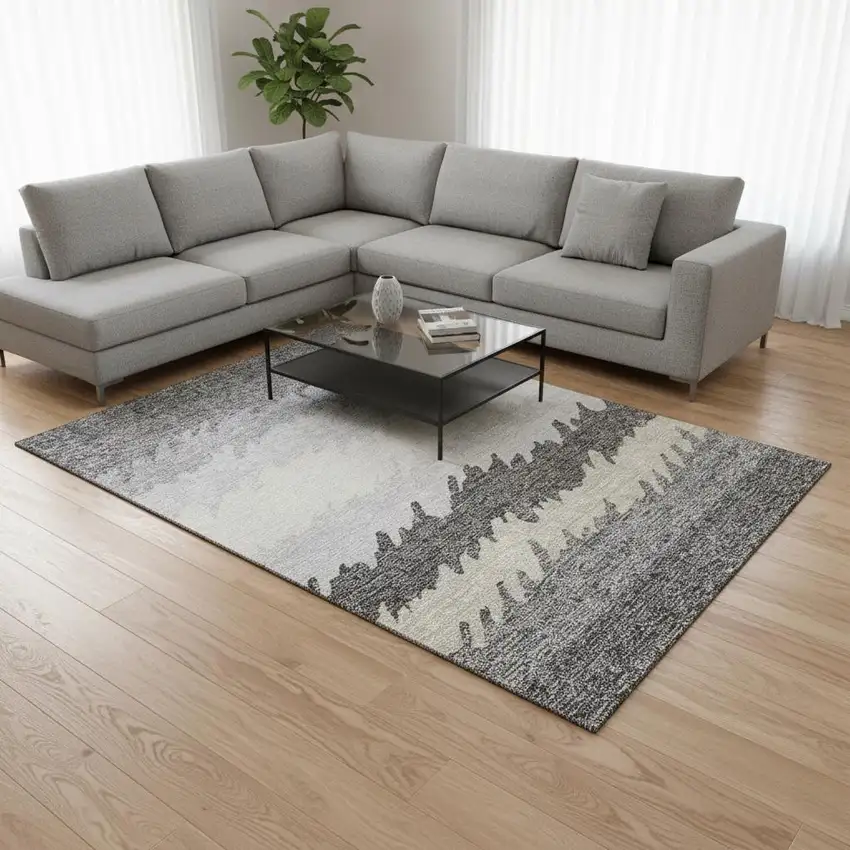 Gray Silver And Beige Striped Washable Area Rug With UV Protection Photo 2