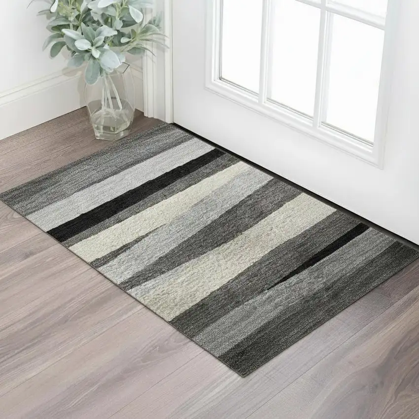 Gray Silver And Beige Striped Washable Area Rug With UV Protection Photo 2